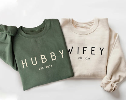 Personalized Wifey & Hubby Sweatshirt Newlywed Honeymoon Couple Outfit